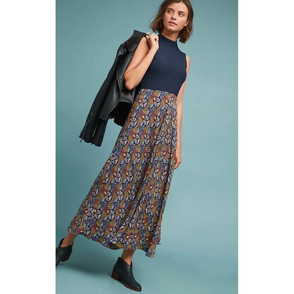 Navy Ribbed Bodice Midi Dress with Multicolor Printed Skirt